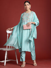 Indo Era Sea Green Embroidered Straight Kurta Trousers With Dupatta Set