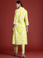 Indo Era Green Printed A-Line Kurta Trousers Set