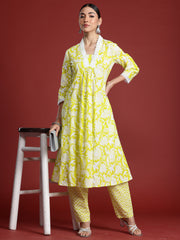 Indo Era Green Printed A-Line Kurta Trousers Set