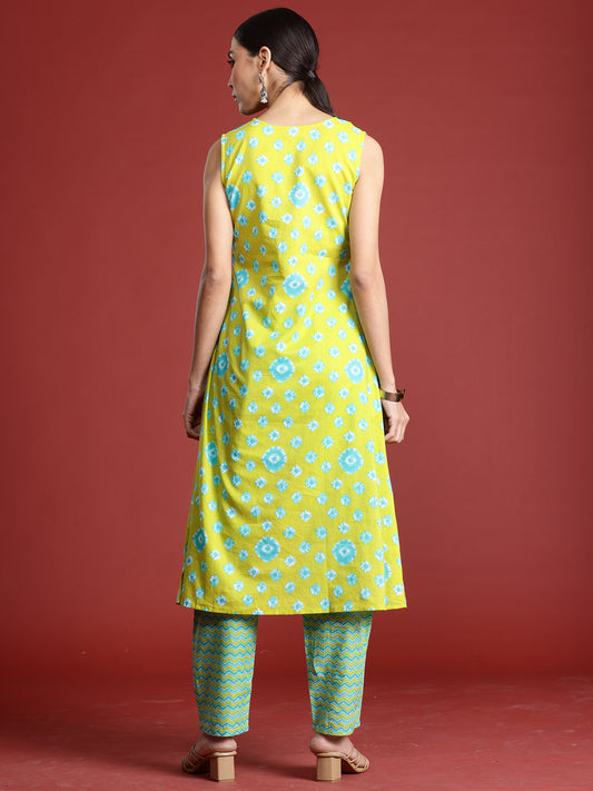 Indo Era Green Printed A-Line Kurta Trousers Set