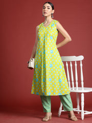 Indo Era Green Printed A-Line Kurta Trousers Set