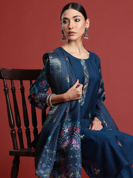 Indo Era Teal Embroidered Straight Kurta Trousers With Dupatta Set