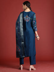 Indo Era Teal Embroidered Straight Kurta Trousers With Dupatta Set