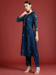 Indo Era Teal Embroidered Straight Kurta Trousers With Dupatta Set