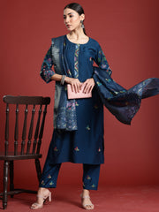 Indo Era Teal Embroidered Straight Kurta Trousers With Dupatta Set