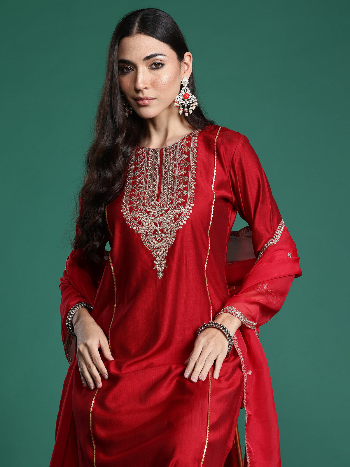 Indo Era Red Embroidered Straight Kurta Trousers With Dupatta Set