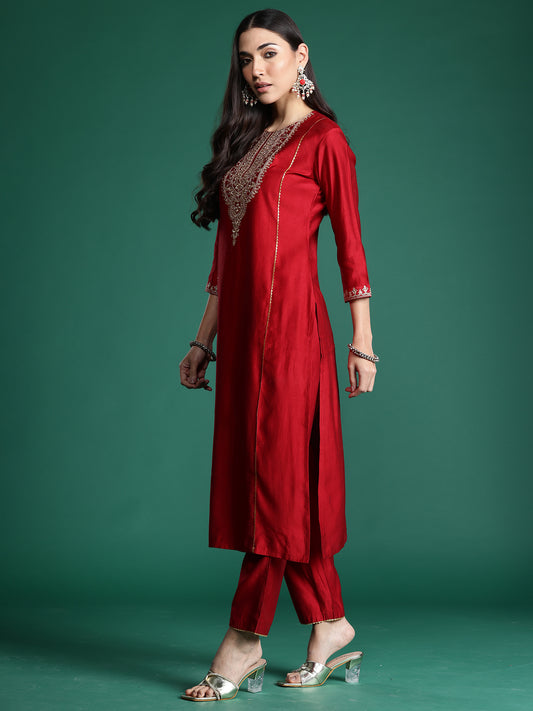 Indo Era Red Embroidered Straight Kurta Trousers With Dupatta Set