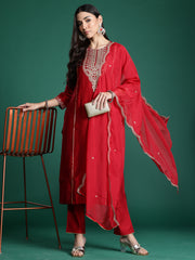 Indo Era Red Embroidered Straight Kurta Trousers With Dupatta Set