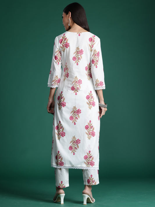 Indo Era White Printed Straight Kurta Trousers  Set