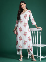 Indo Era White Printed Straight Kurta Trousers  Set