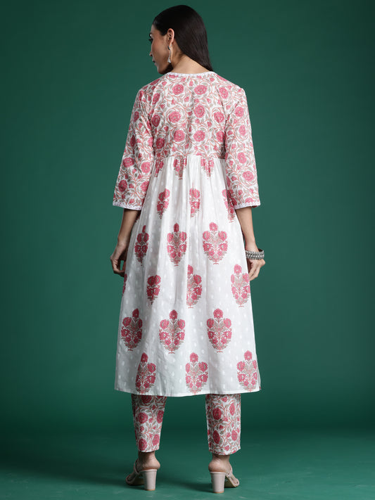 Indo Era White Printed A-Line Kurta Trousers  Set