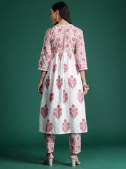 Indo Era White Printed A-Line Kurta Trousers  Set