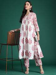 Indo Era White Printed A-Line Kurta Trousers  Set