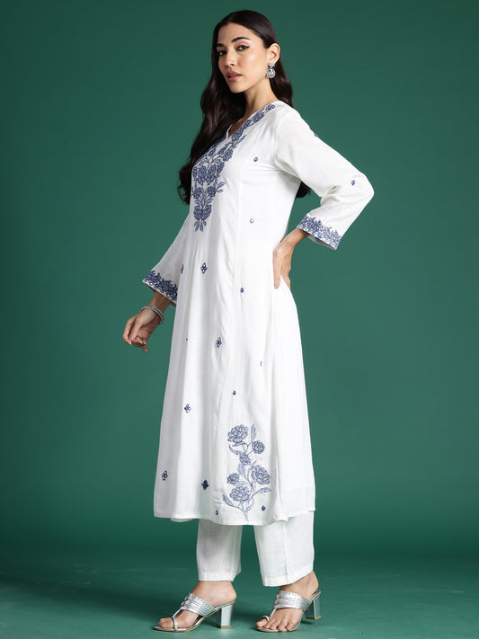 Indo Era White Embroidered A-Line Kurta Trousers With Dupatta Set