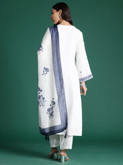 Indo Era White Embroidered A-Line Kurta Trousers With Dupatta Set