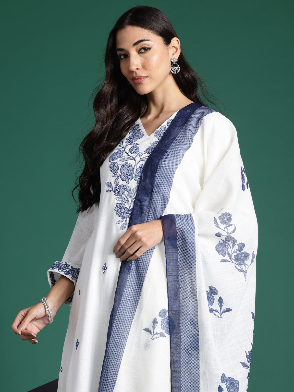 Indo Era White Embroidered A-Line Kurta Trousers With Dupatta Set