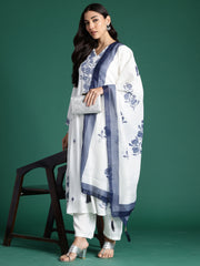 Indo Era White Embroidered A-Line Kurta Trousers With Dupatta Set