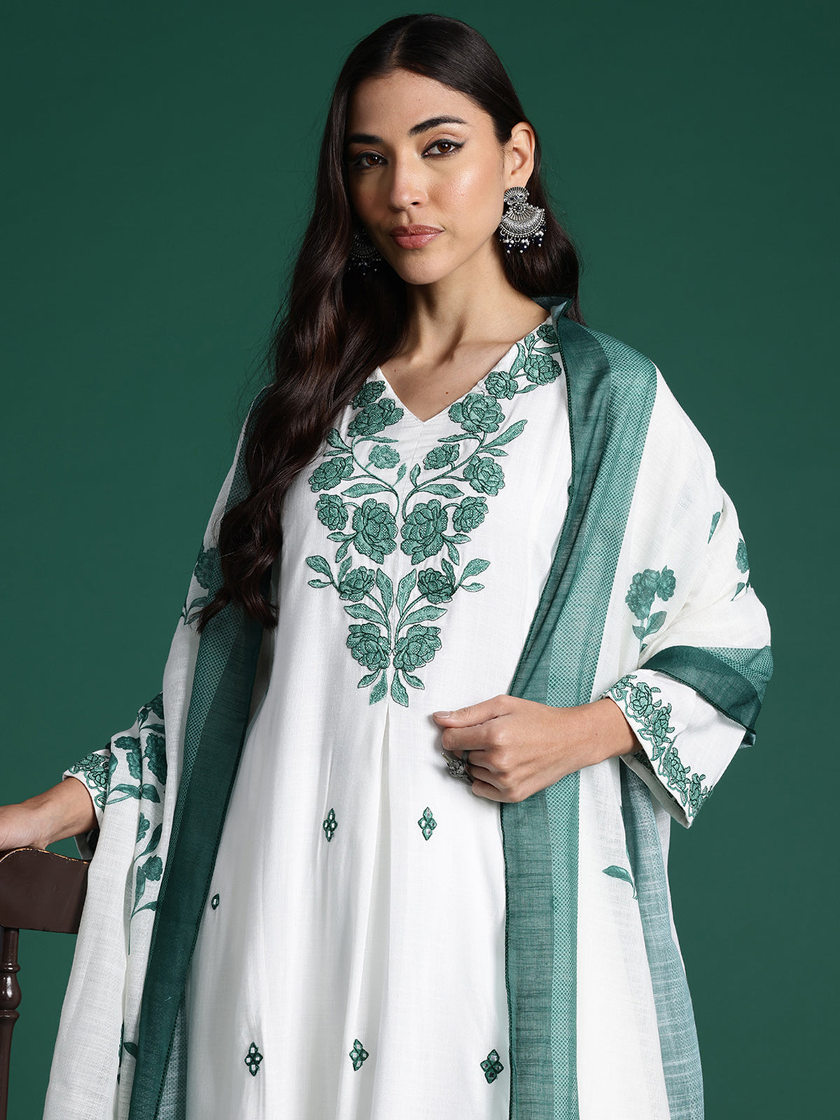 Indo Era Off White Embroidered A-Line Kurta Trousers With Dupatta Set