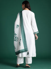 Indo Era Off White Embroidered A-Line Kurta Trousers With Dupatta Set