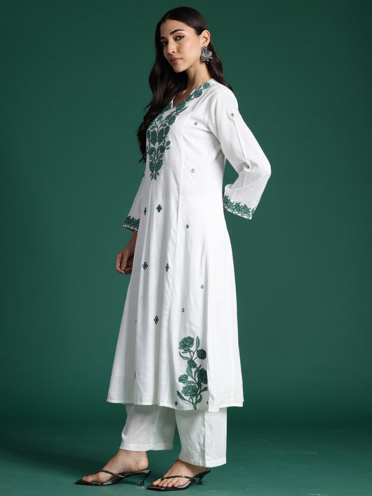 Indo Era Off White Embroidered A-Line Kurta Trousers With Dupatta Set