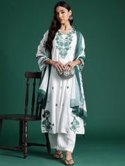 Indo Era Off White Embroidered A-Line Kurta Trousers With Dupatta Set