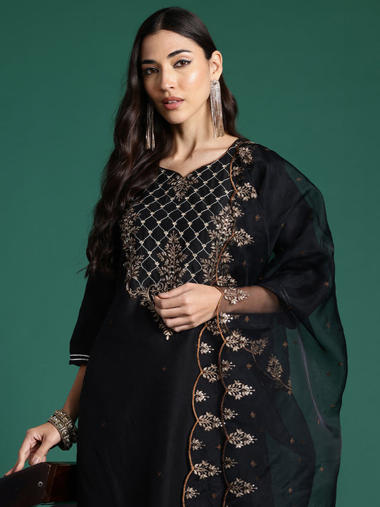 Indo Era Black Embroidered Straight Kurta Trousers With Dupatta Set