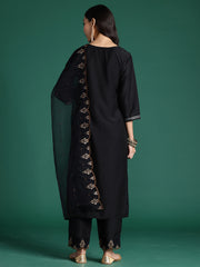 Indo Era Black Embroidered Straight Kurta Trousers With Dupatta Set