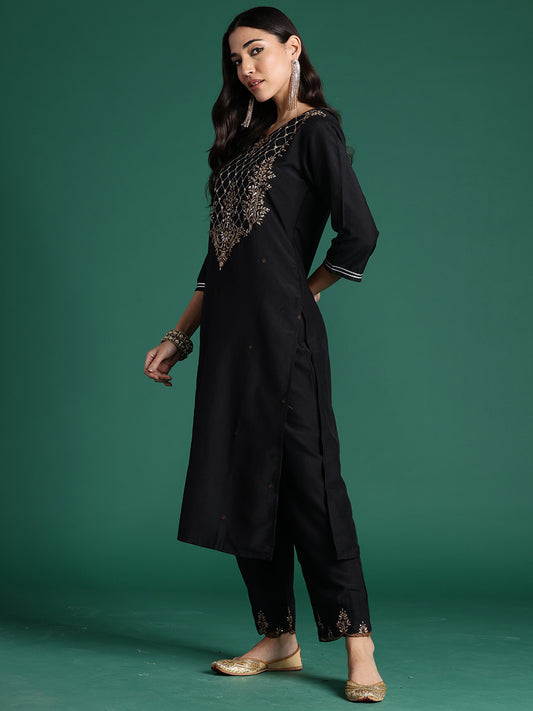 Indo Era Black Embroidered Straight Kurta Trousers With Dupatta Set