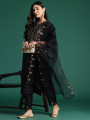 Indo Era Black Embroidered Straight Kurta Trousers With Dupatta Set