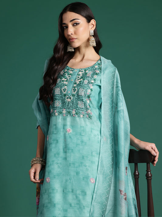 Indo Era Green Printed Straight Kurta Trousers With Dupatta Set