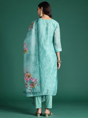 Indo Era Green Printed Straight Kurta Trousers With Dupatta Set