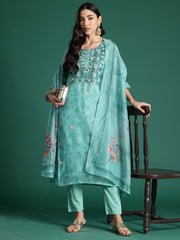 Indo Era Green Printed Straight Kurta Trousers With Dupatta Set