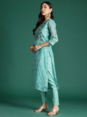 Indo Era Green Printed Straight Kurta Trousers With Dupatta Set