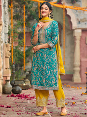 Indo Era Blue Embroidered Straight Kurta Trousers With Dupatta Set