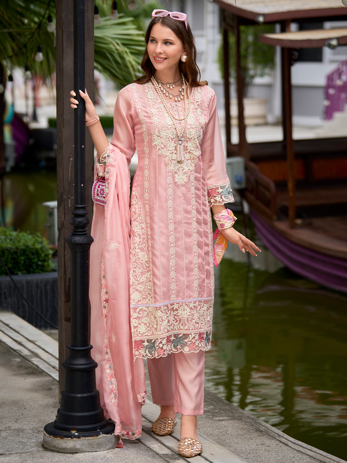 Indo Era Peach Embroidered Straight Kurta Trousers With Dupatta Set