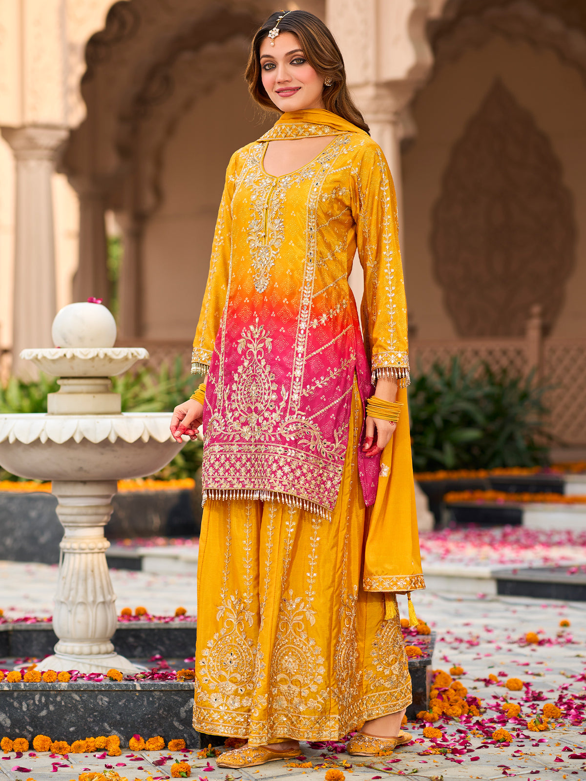 Indo Era Yellow Embroidered Straight Kurta Palazzos With Dupatta Set