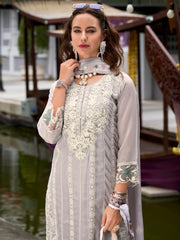 Indo Era Grey Embroidered Straight Kurta Trousers With Dupatta Set