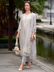 Indo Era Grey Embroidered Straight Kurta Trousers With Dupatta Set