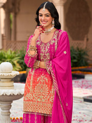 Indo Era Pink Embroidered Straight Kurta Palazzos With Dupatta Set