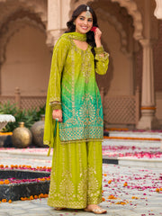 Indo Era Green Embroidered Straight Kurta Palazzos With Dupatta Set