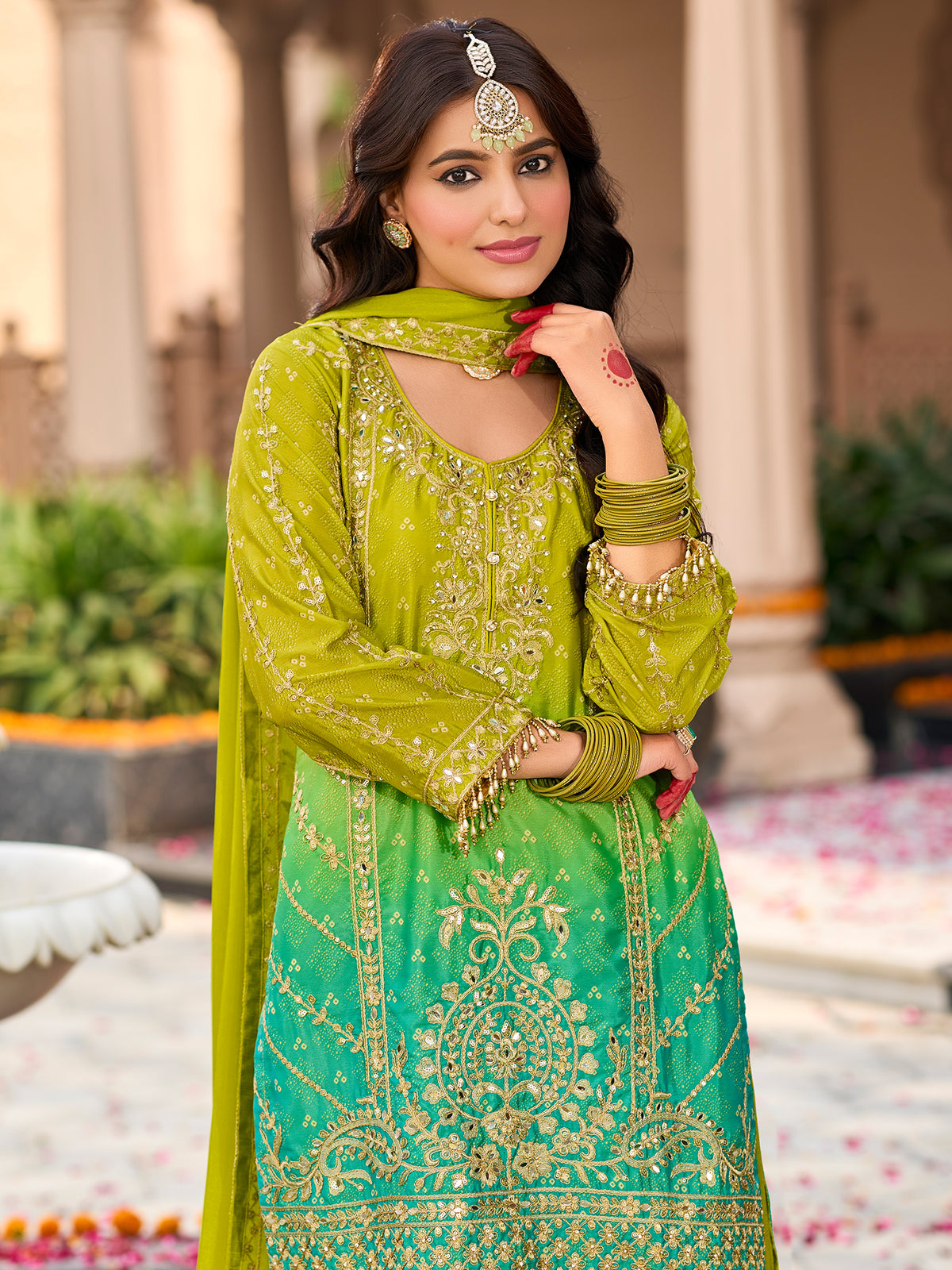 Indo Era Green Embroidered Straight Kurta Palazzos With Dupatta Set