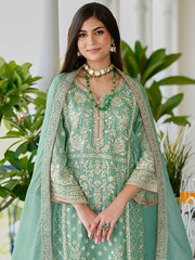 Indo Era Green Embroidered Straight Kurta Trousers With Dupatta Set