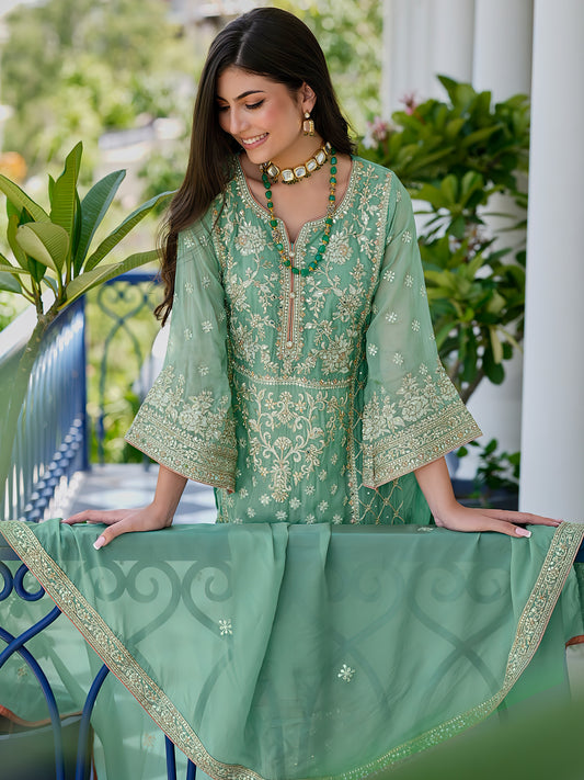 Indo Era Green Embroidered Straight Kurta Trousers With Dupatta Set