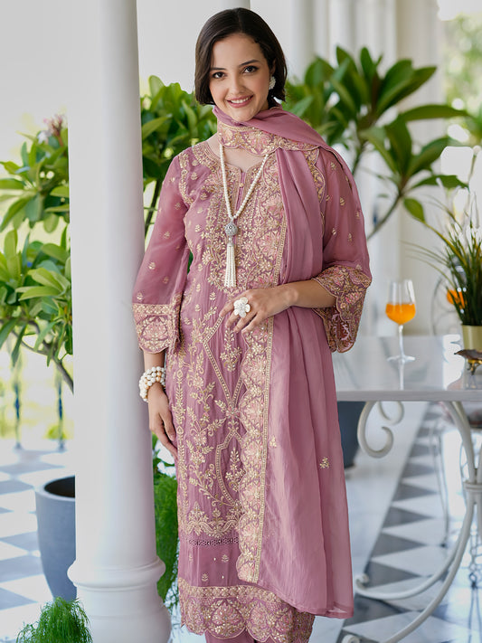 Indo Era Mauve Embroidered Straight Kurta Trousers With Dupatta Set