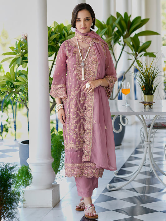 Indo Era Mauve Embroidered Straight Kurta Trousers With Dupatta Set