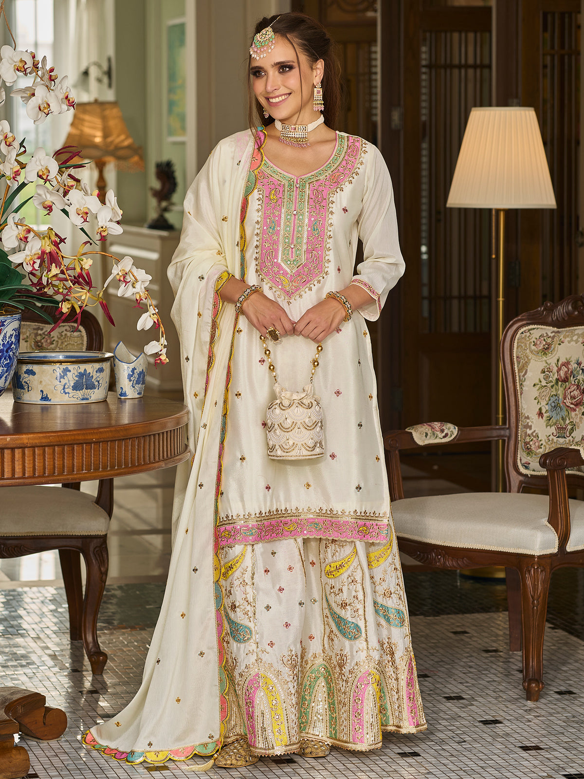 Indo Era White Embroidered Straight Kurta Sharara With Dupatta Set