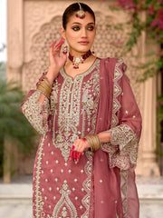 Indo Era Mauve Embroidered Straight Kurta Trousers With Dupatta Set