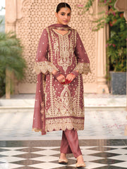 Indo Era Mauve Embroidered Straight Kurta Trousers With Dupatta Set