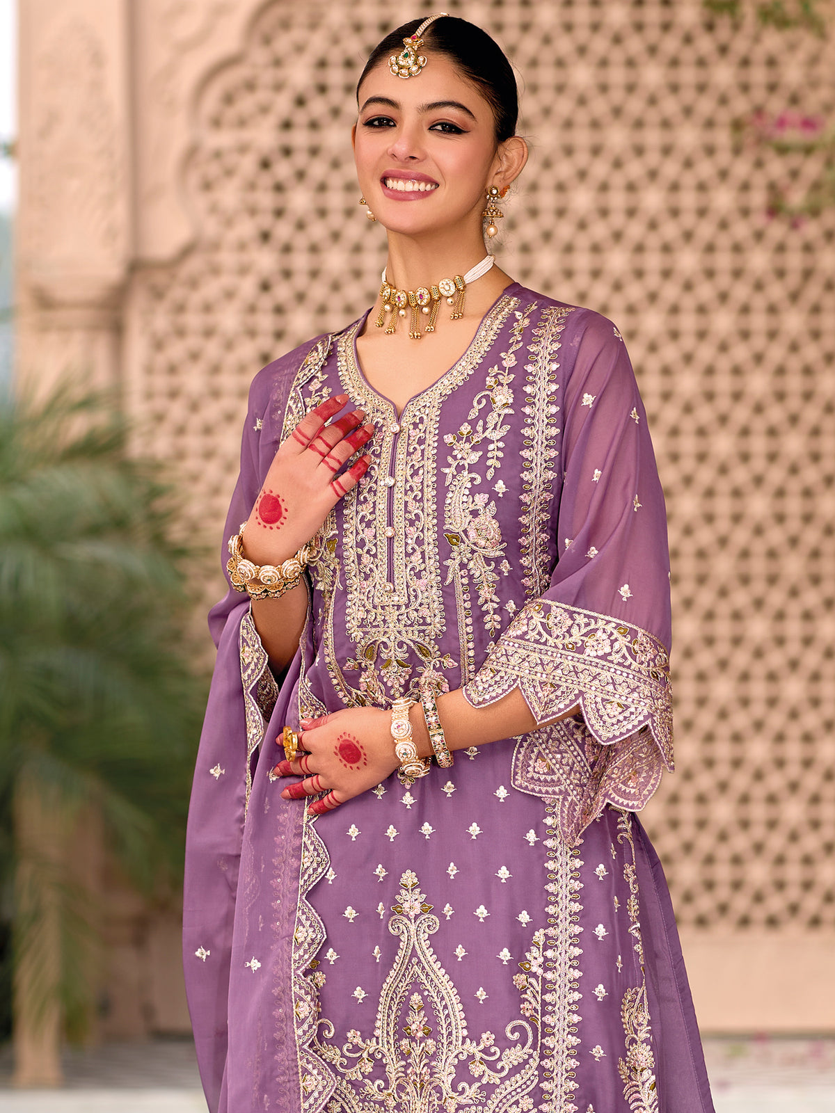 Indo Era Purple Embroidered Straight Kurta Trousers With Dupatta Set