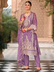 Indo Era Purple Embroidered Straight Kurta Trousers With Dupatta Set